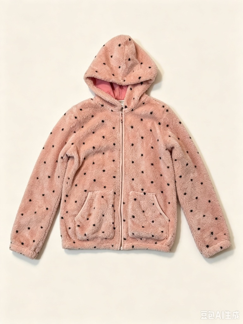 Hanna Andersson Pink Black Polka Dot Fleece Hooded Zip Jacket Size 150